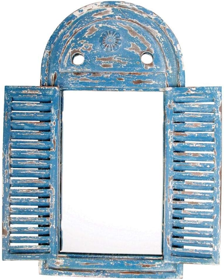 Esschert Design WD13 Distressed Blue Louvre Mirror with shutters open