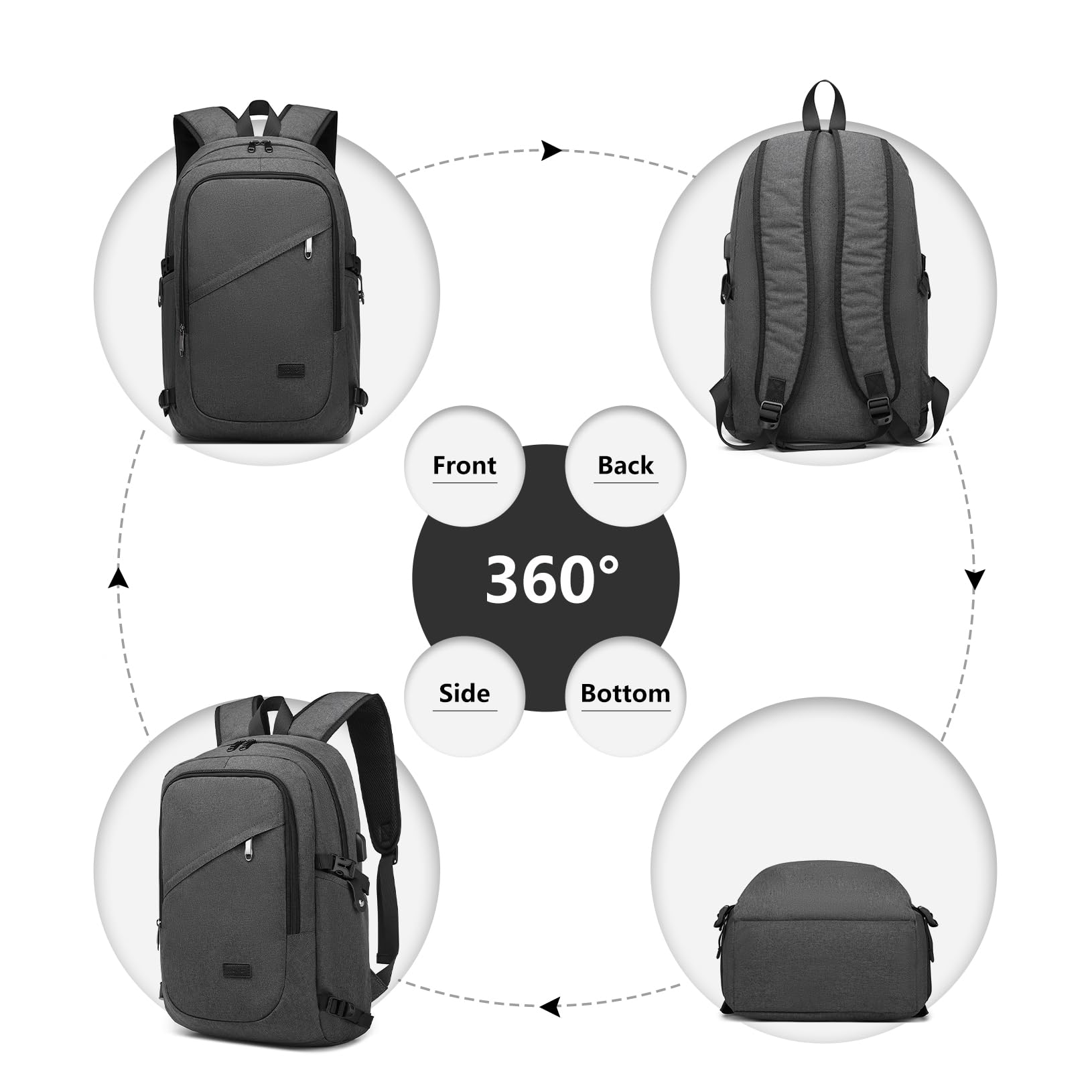 KONO Zaino per computer portatile Antifurto da viaggio Business Work Zaino per computer con porta di ricarica USB Leggero Borsa per laptop High Schoolbag per ragazzo Uomini Donne Casual Daypack