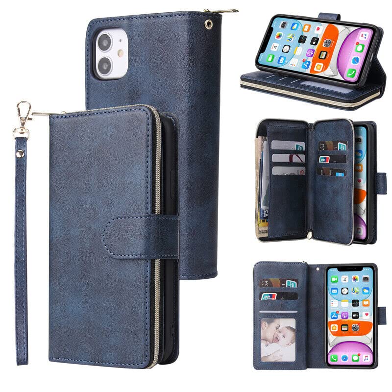 Étui portefeuille en cuir iPhone 13 Mini bleu à rabat magnétique