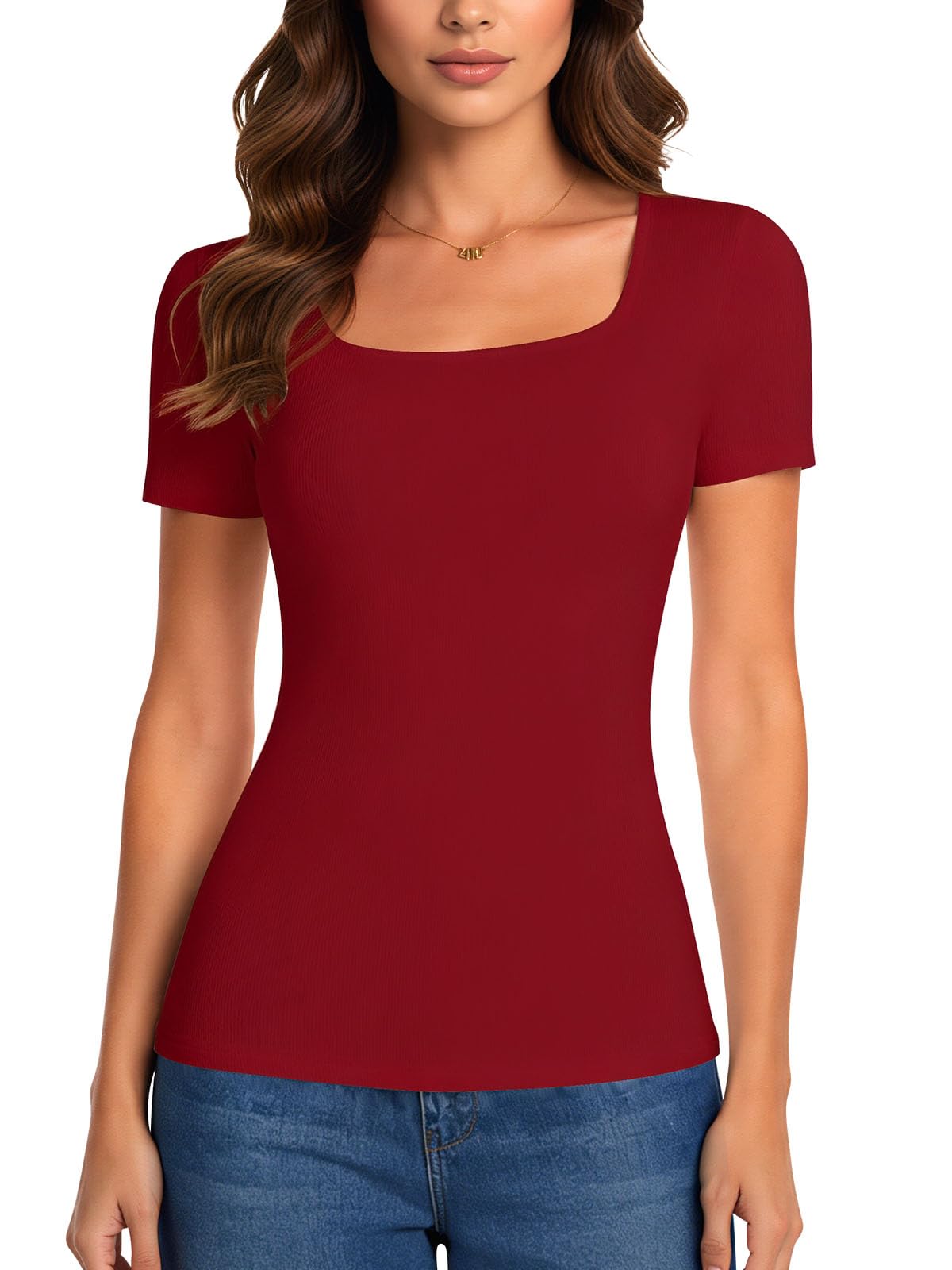Joyshaper Tshirt Damen Sommer Kurzarm Tops Eckiger Ausschnitt Basic Elegant Tee Shirts Slim Fit Oberteile