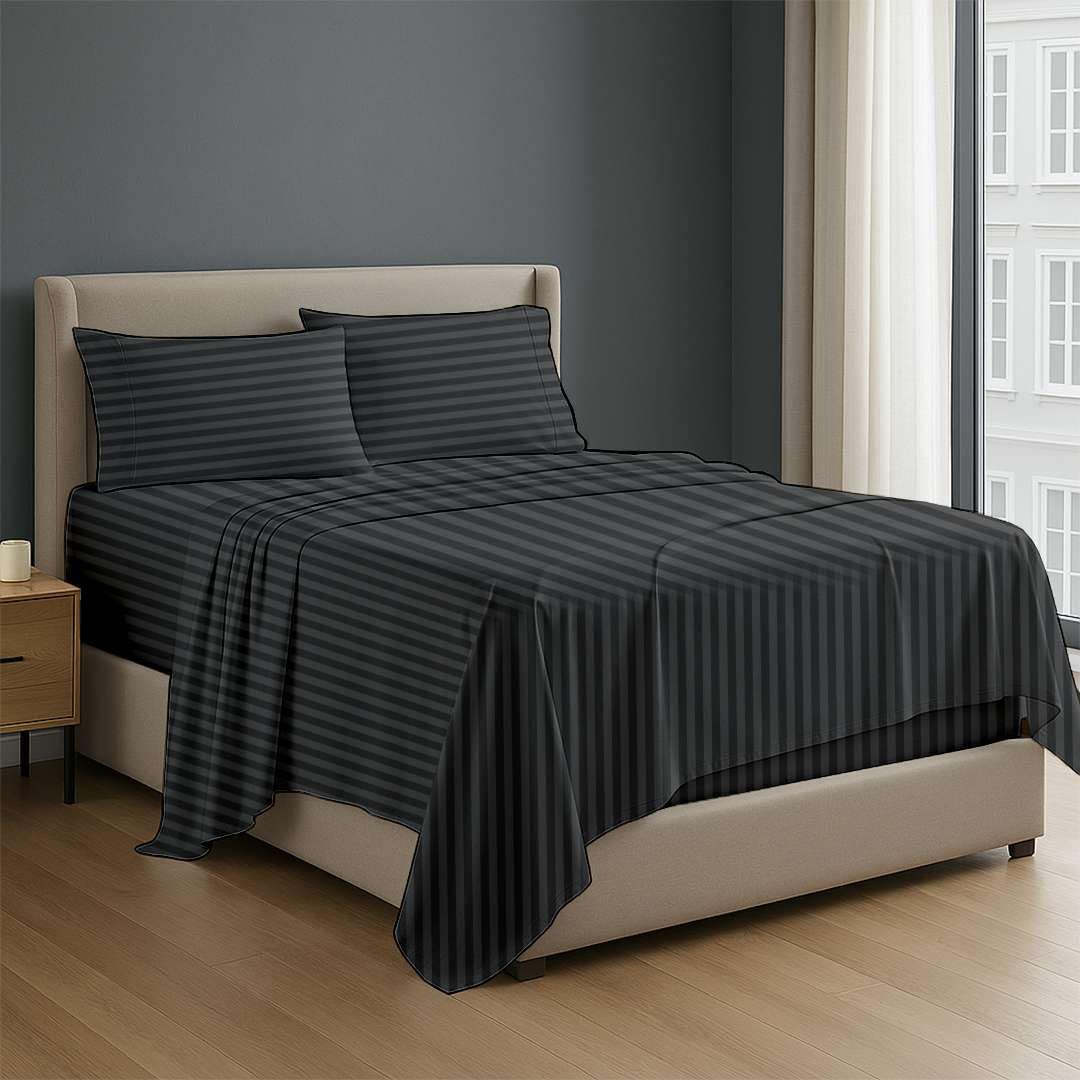 NON Sticky cotton Premium 4 Piece Egyptian Cotton Fitted Full Sheet Set, Hotel Quality Soft Breathable Bedding Sheets, 30" Extra Deep Pocket, 54" X 75", Dark Grey Stripe