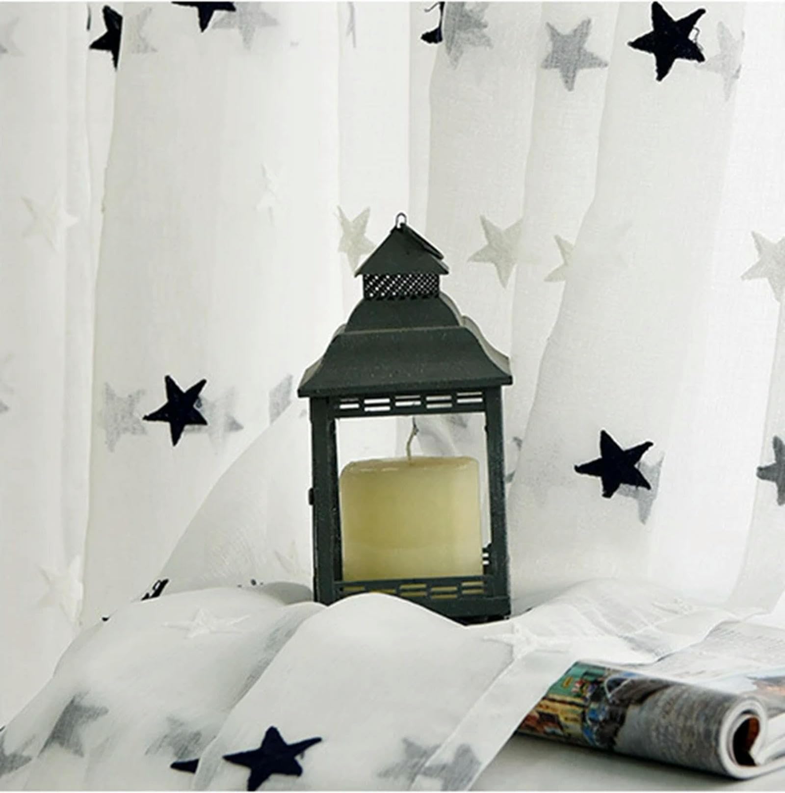 Cortinas de Dormitorio para niños, niñas y niños, de Tul Bordado con Estrellas Grises/Rosas
