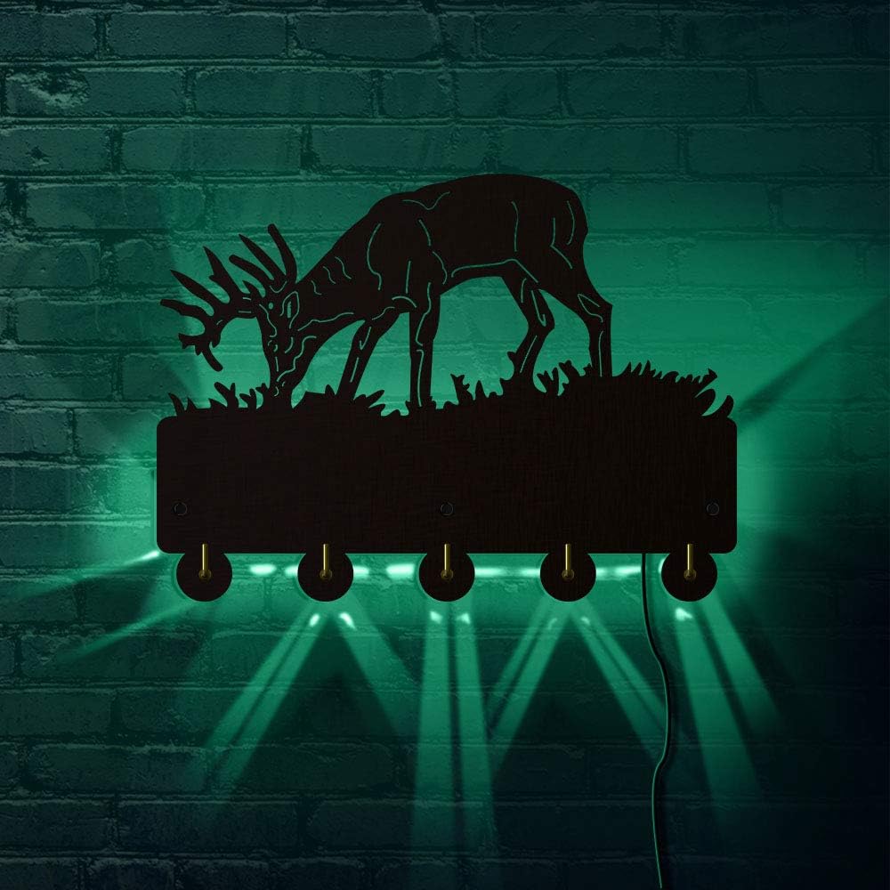 The Geeky Days Deer and Mountain Scene LED Lighting Wall Hook Animal Antler Decor Key Hanger Key Hooks Rack Towel Hanging Hooks Living Room Wall Hanger Holder