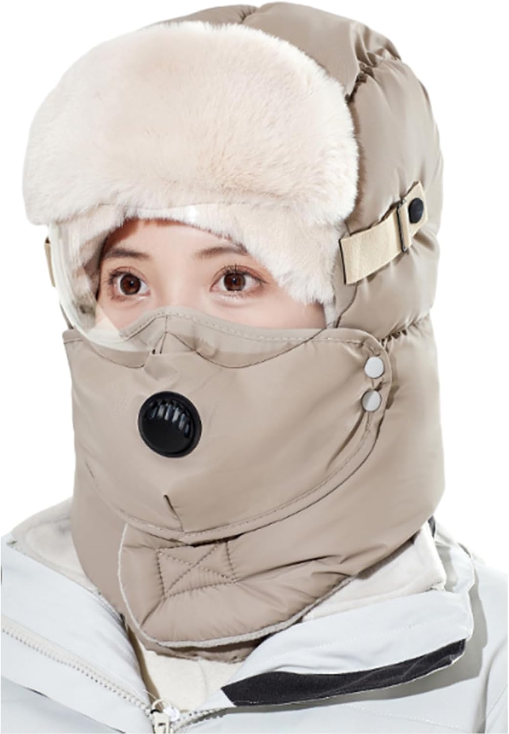 Hat Winter Thickened Outdoor Trapper Hat Outdoor Ski Windproof Earflap Caps Thicken with Goggles Skiing with Goggles Ear Flap Khaki