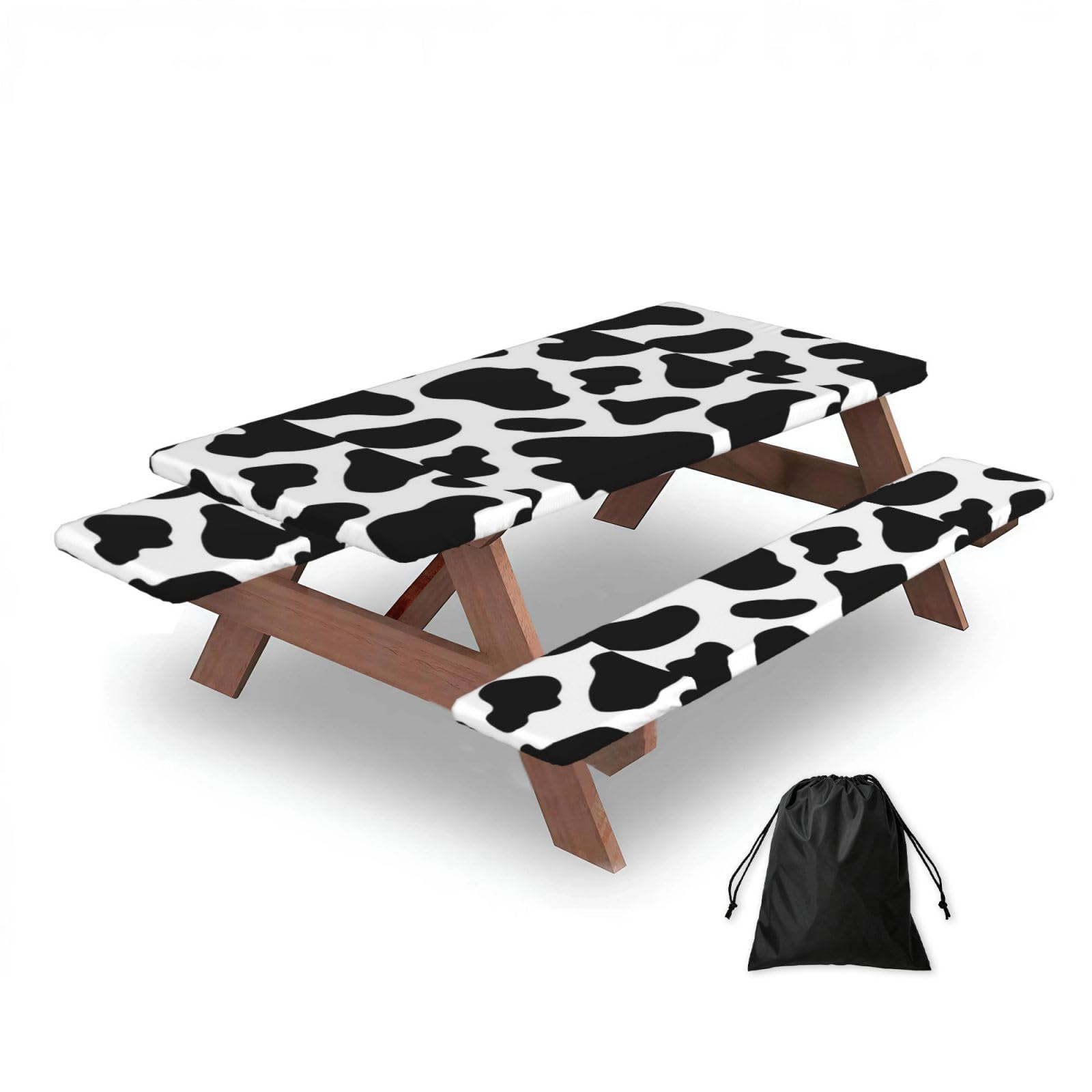 Dopklna As Picture Cow Spot, Picnic Table Cover With Bench Covers -Waterproof Elastic Fitted Tablecloth For Garden Camping Patio 76X152cm
