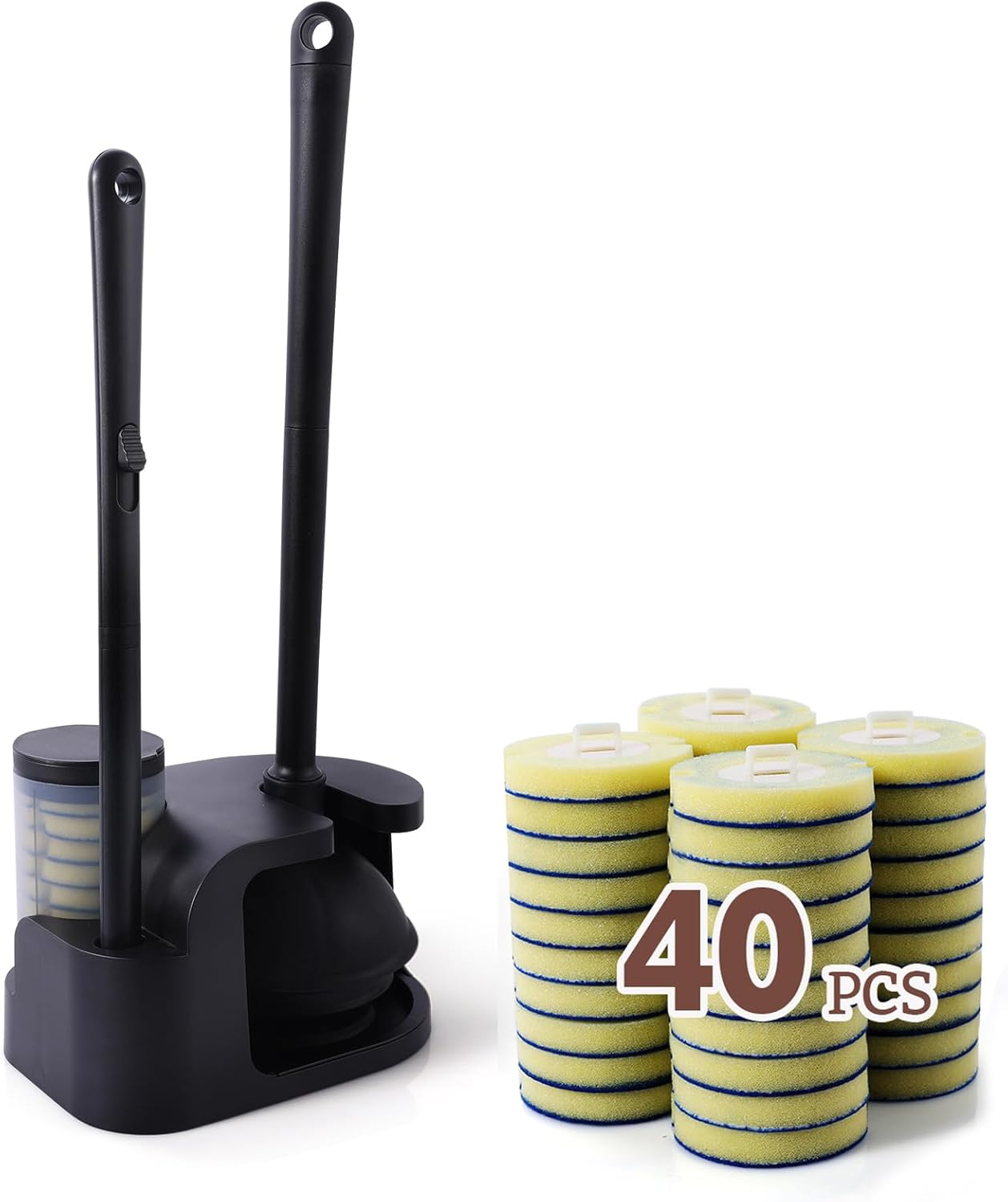 Eyliden Toilet Bowl Wand Kit and Plunger Combo, with 50pcs Refills, Disposable Toilet Brush and Plunger with Holder Set, Quick Change Cleaning Sponges Head, Compact Toilet Bowl Brush Set (Black)
