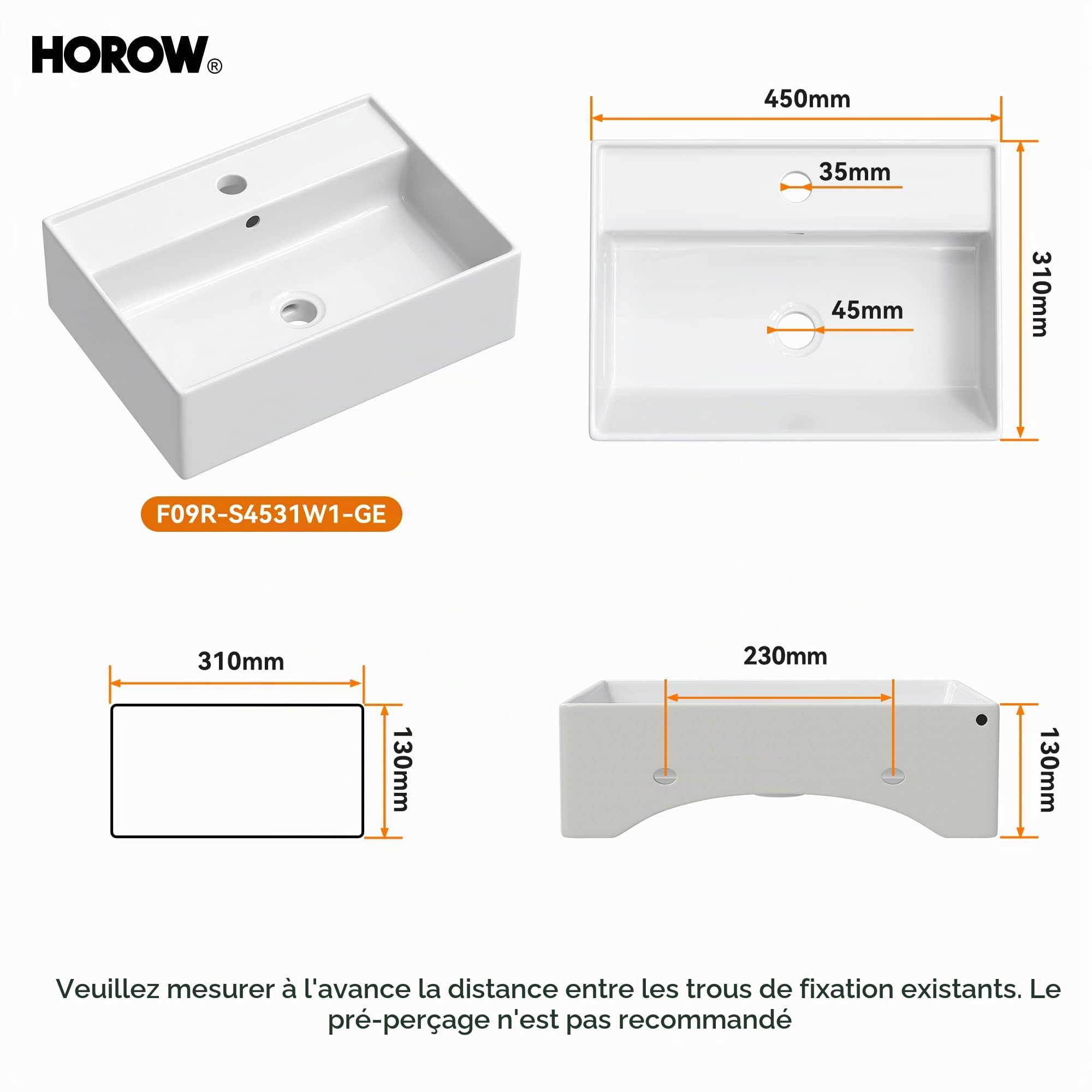 HOROW Petit lavabo blanc - Lavabo mural carré - Pour toilettes d'invités - Lavabo suspendu ou à poser - Avec trou de robinet - 45 x 31 cm - Sans robinet