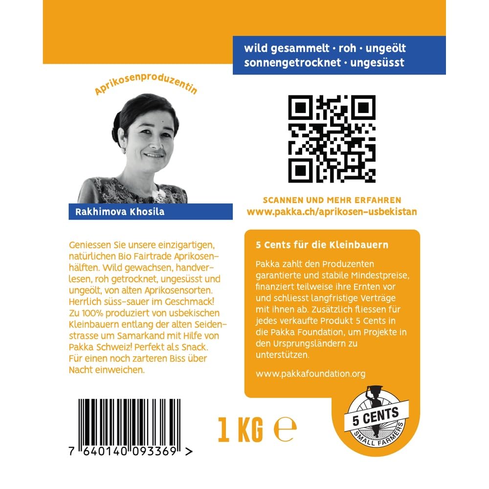 PAKKA - Albicocche selvatiche biologiche equosolidali essiccate, Raccolte da piccoli agricoltori di Samarcanda, Uzbekistan, Vegane, Confezione famiglia (Variante 2 : 1 kg)