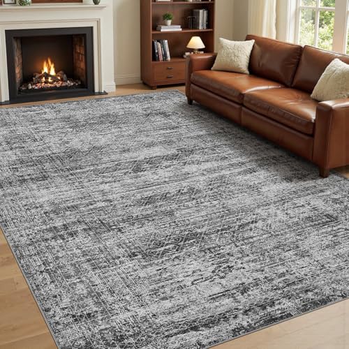 10x14 Area Rug Living Room Rugs - Washable Neutral Modern Abstract Soft Thin Rug Indoor Floor No Slip Rug Carpet for Bedroom Under Dining Table Home Office Decor - Dark Gray