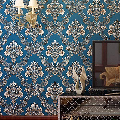 QIHANG Embossed 3D Stereoscopic Damask Flower Non-Woven Bedroom TV Backdrop Living Room Wallpaper 0.53m (1.73' W) x 10m (32.8'L) =5.3? (57 sq.ft) (Blue)