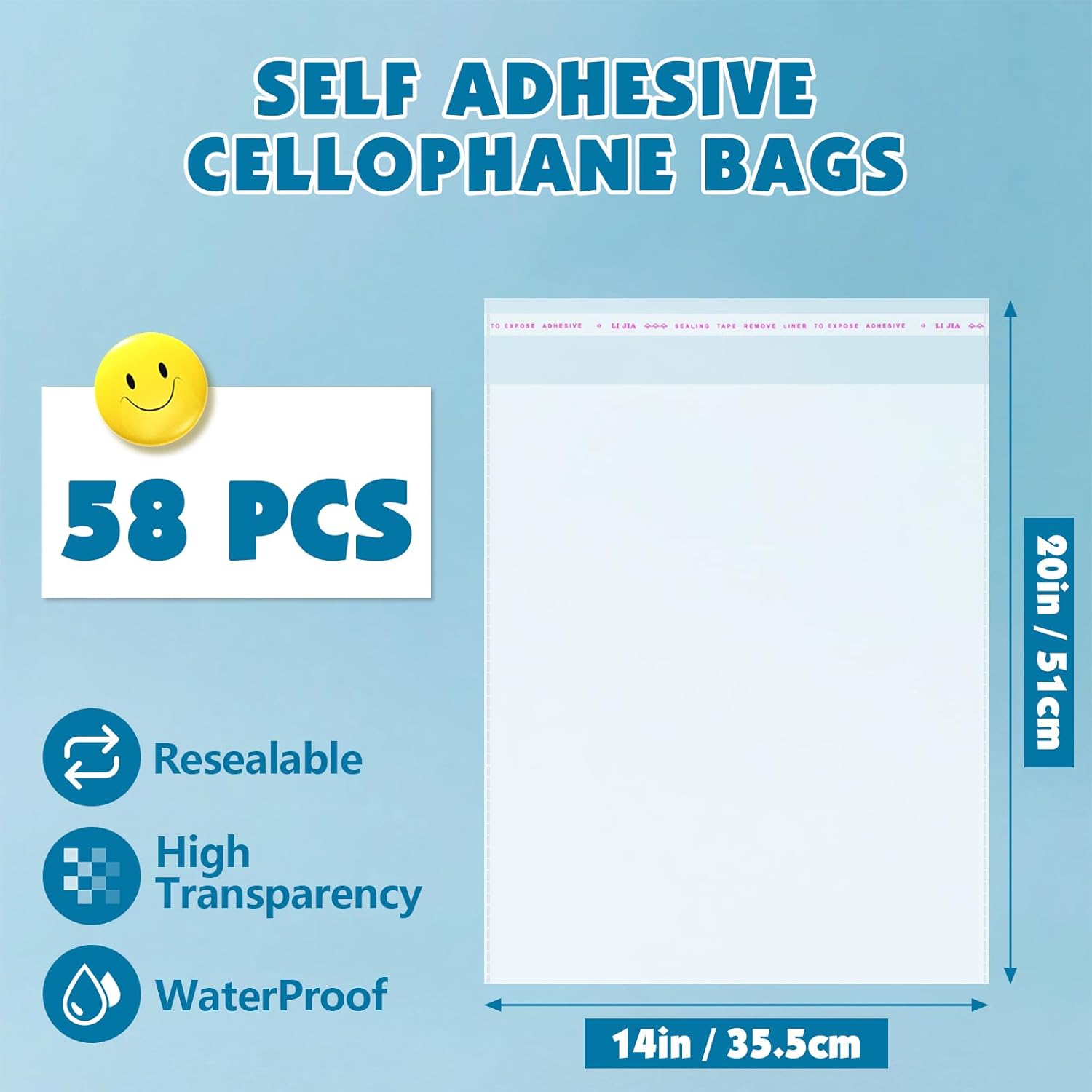 58 Pcs Clear Cellophane Bags, 14x20 Inch Resealable Poly Bag, Self Sealing Shirt Bags, Clear Bag for Clothes, magazine, postcard - Image 2