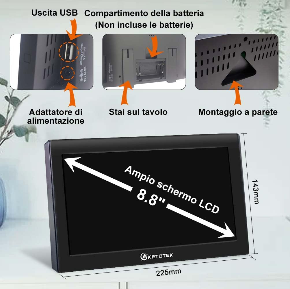 KETOTEK Stazione meteo wireless per interni ed esterni, con sensore, LCD, termometro igrometro, radiosveglia DCF, barometro, previsioni meteo, tramonto in città, calendario, fase lunare