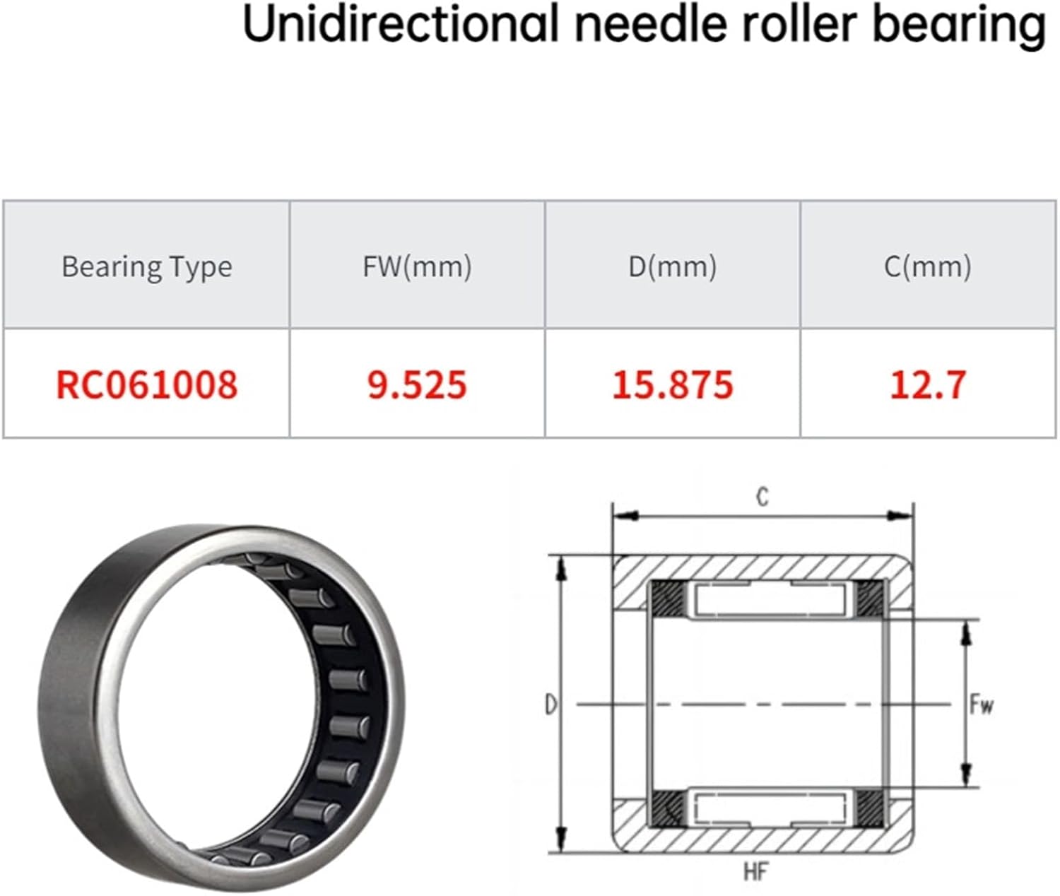 10/5pcs one-Way Needle Roller Bearing RC040708 061008 081208 101410 121610 162110 6.35X11.112X12.7(RC061008,10pcs)