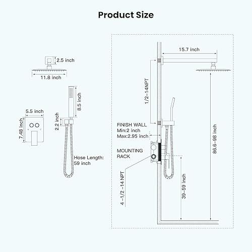 Miniatura 6 de gotonovo Sistema de ducha de lluvia con botón pulsador, cabezal de ducha de mano con ducha de mano, válvula de equilibrio de presión incluida de