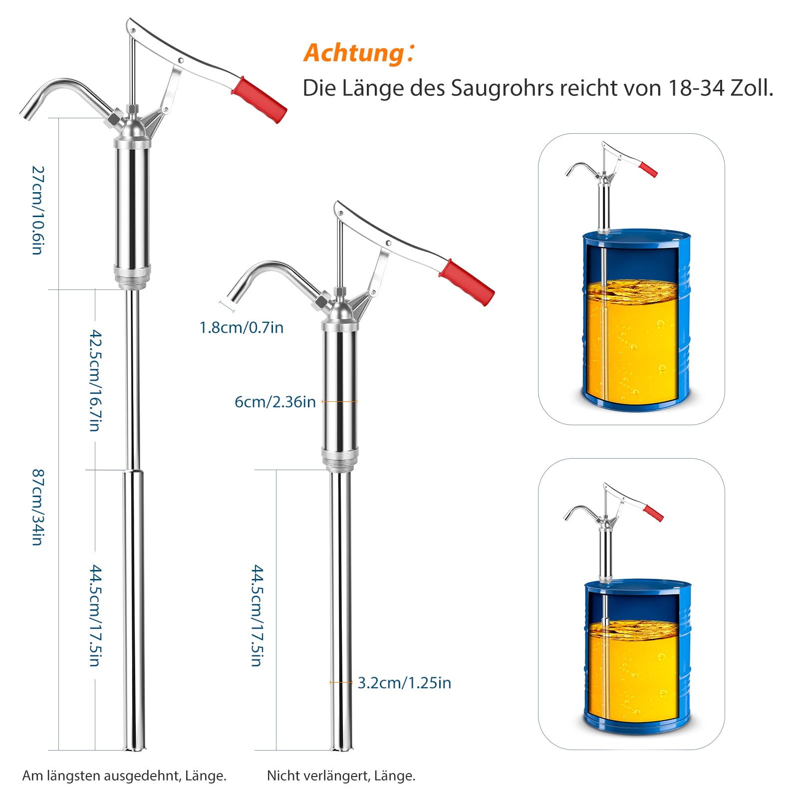 Pompe à tonneau, Pompe à tonneau avec effet levier, Pompe à tonneau à levier pour fûts de 5-55 gallons, Pompe à tonneau à levier, Pompe manuelle lourde avec tube d'aspiration télescopique pour