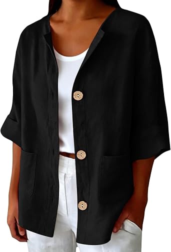 Women Linen Cotton Stand Collar Short Jacket, 3/4 Sleeve Wooden Button Loose Casual Blazer Cardigan
