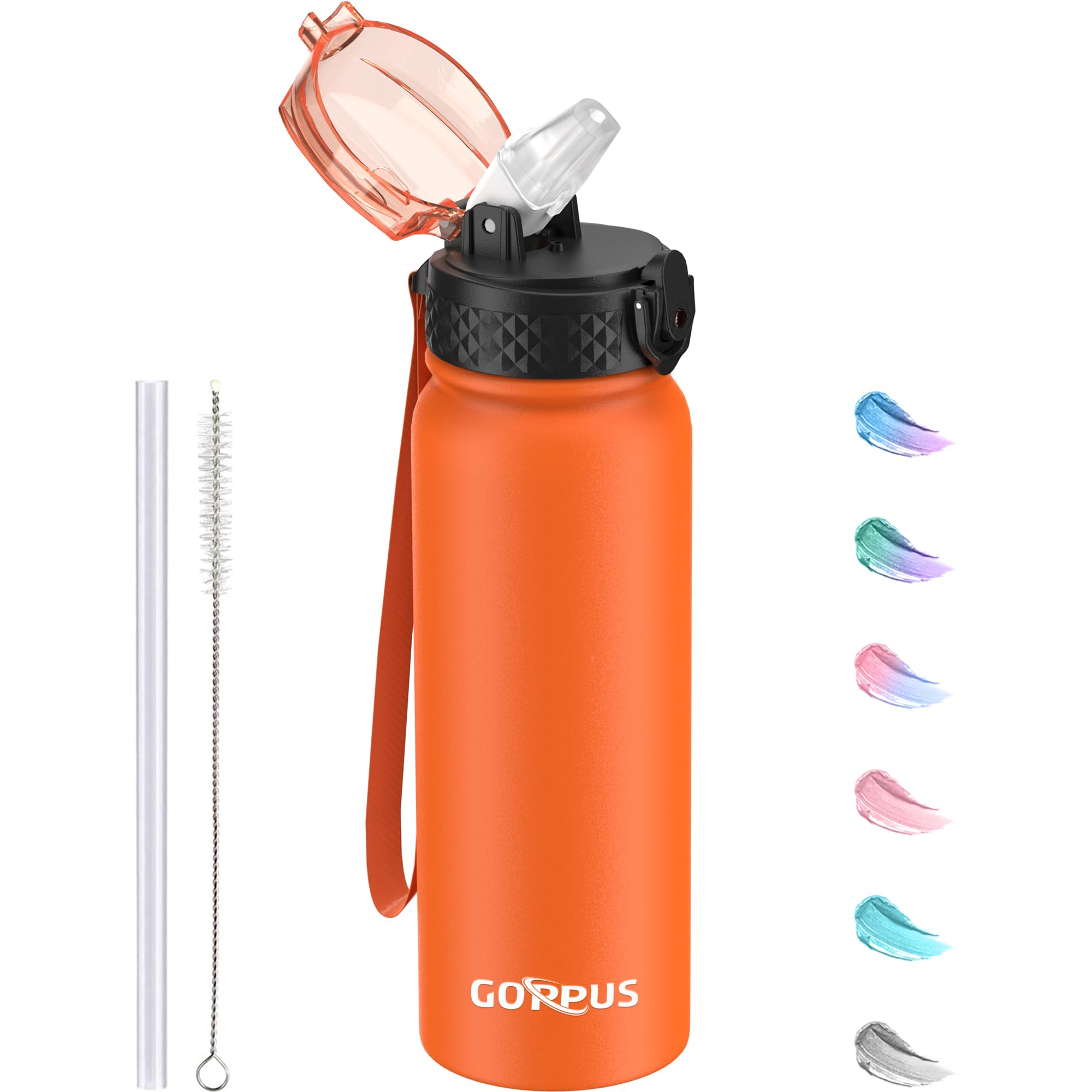 GOPPUS 600ml/20oz Stainless Water Bottle with Straw Double Wall Insulated Bottles with Strap One Hand Open Vacuum Thermal Flask Leakproof Keep Cold Bottles with Flip Top Lid BPA Free (Orange)