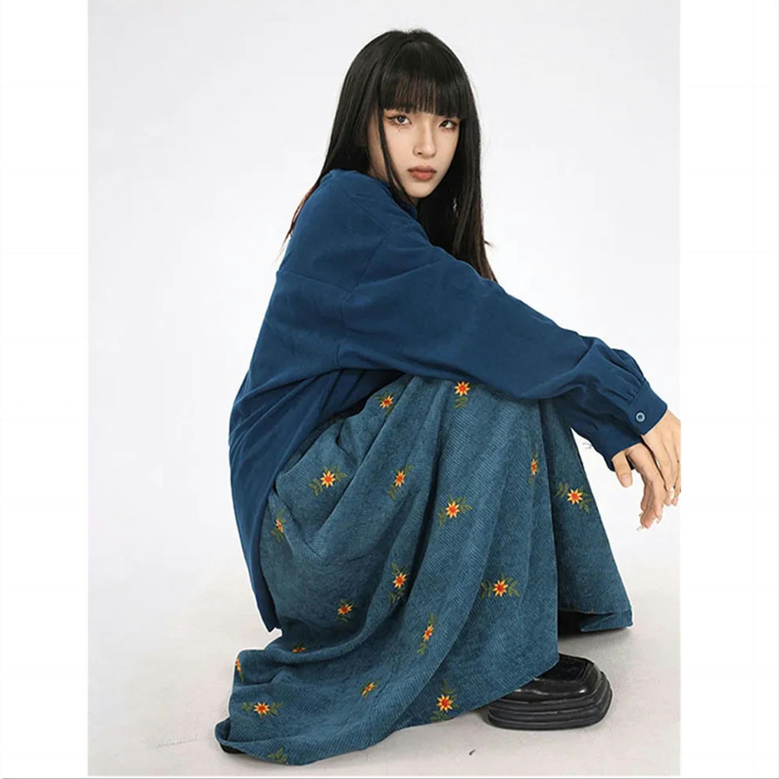 MdybF Gonna Jeans Donna Donne Autunno Inverno Velluto Ricami A Velluto Sciolte Floreali Casual retrò-caffè