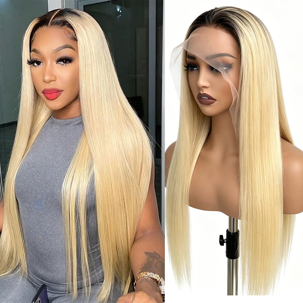 1B613 Parrucche di capelli umani per le donne Ombre nero a biondo lungo dritto 13x6 Hd pizzo frontale parrucca di capelli umani Pre pizzicata Pre tagliata 66 pollici densità 180% trasparente senza