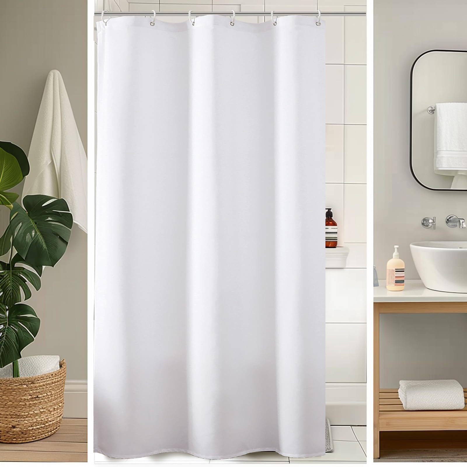 Duschvorhang weiß 260 x 180 cm(H x B), waschbar, mit Haken, Schlichtes einfarbiges modernes, wasserdichtes Design für Badezimmer