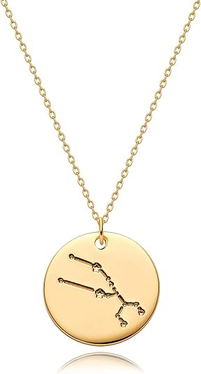 MEVECCO Gold Necklace Coin Disc Zodiac 12 Constellation Star Connected Engraved Horoscope Sign Astrology Pendant 18K Gold Plated Chain Dainty Personalized Simple Jewelry