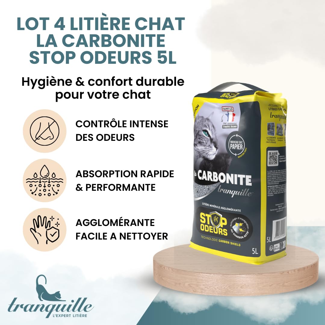 Tranquille - Litière pour Chat - Carbonite Stop Odeurs (4x5L) | Litière Agglomérante Charbon Actif Carbon Shield | Ultra Absorbante, Agglomérante & Anti-Poussière | Contrôle Odeurs