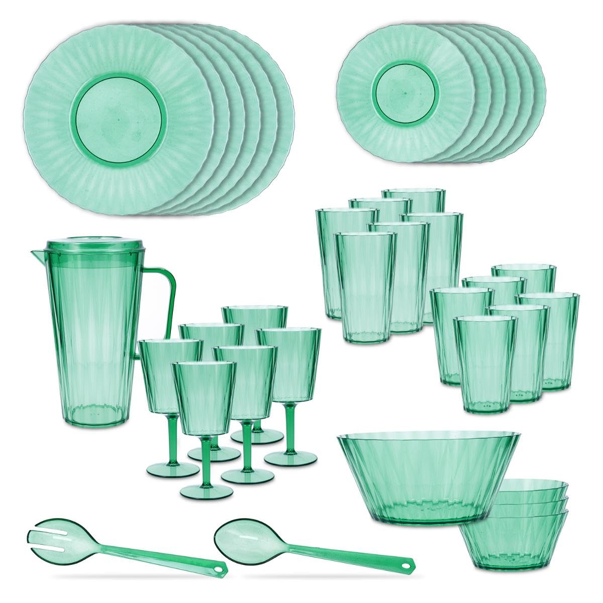 Quid Vajilla de Ps – Poliestireno Iris 36 piezas para 6 personas | Verde, diseño otras formas, acabado con relieve, apta para microondas y frigorífico