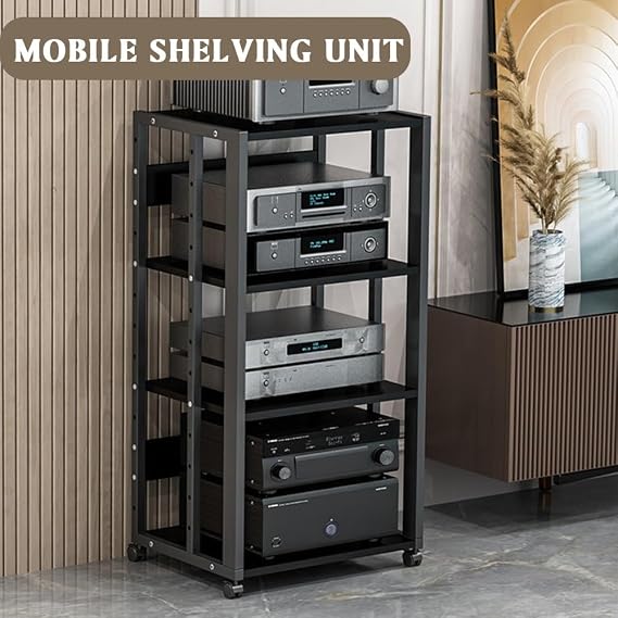 AV Media Stand Movable Audio Rack 3 4 5 Tier Hifi Stereo Rack With Wheels Open Media Storage Cabinet Height Adjustable Component Cabinet(White,3 Tier)