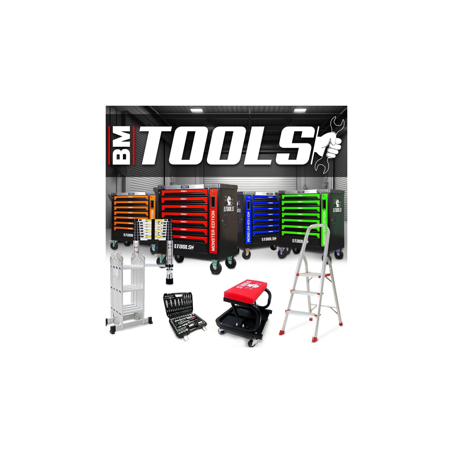 Escabeau avec Main Courante BM TOOLS BMT-ESC-5-MC-RENFORT, 5 marches - Échelle Multi-Usage Intérieur/Extérieur, avec Renfort