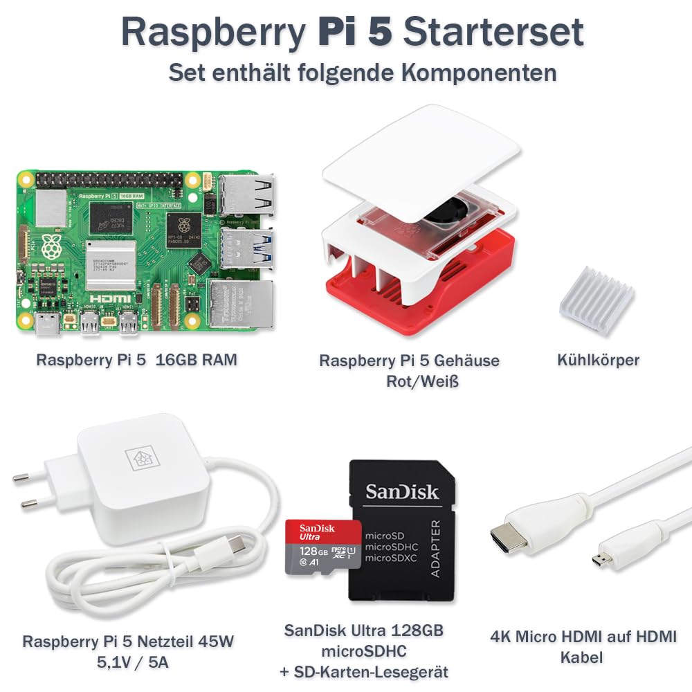 Raspberry Pi 5 - Kit de iniciación de 16 GB, 128 GB Ultra Edition, fuente de alimentación de 45 W, carcasa oficial con ventilador, cable 4K Micro HDMI de 1 m, disipador de calor de aluminio