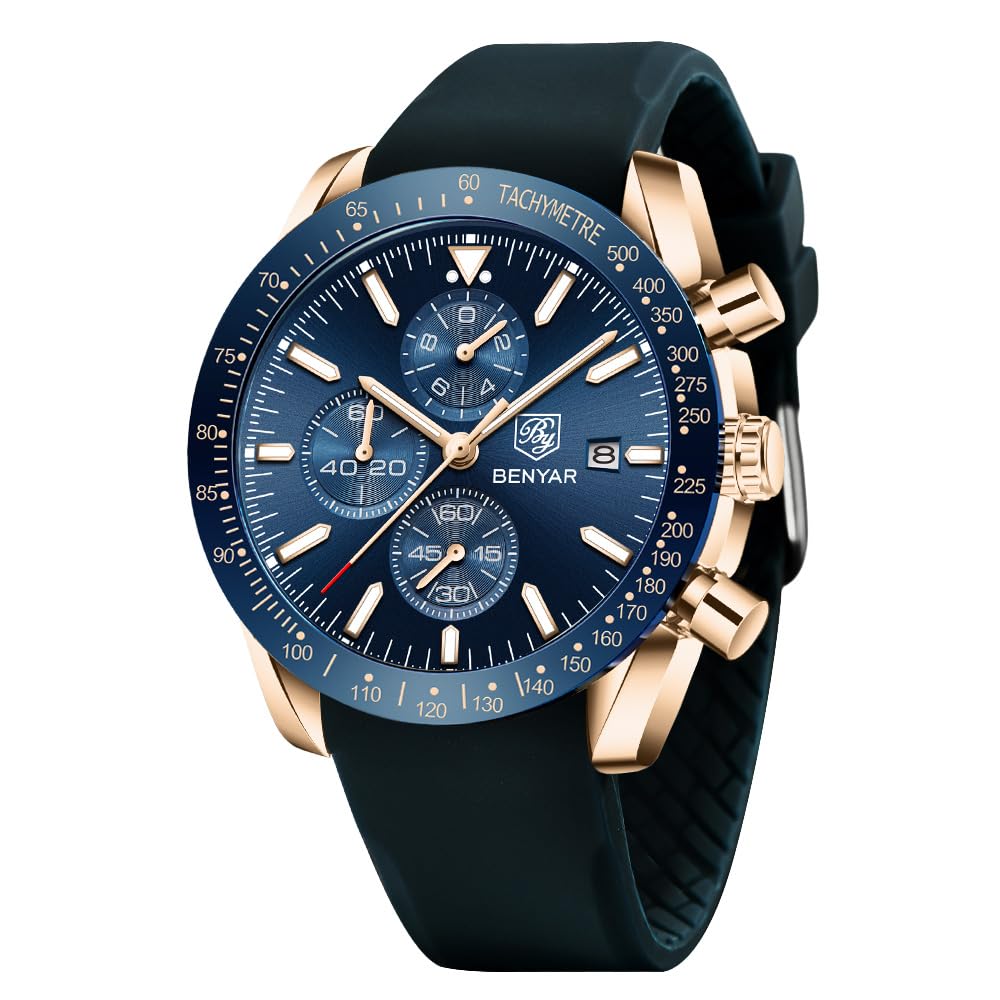 BY BENYAR Mens Watch 100M Waterproof Chronograph Date Watch for Men Brown Leather Strap Quartz Movement Analog Watch Business Casual Gift for Men SIG-Blue