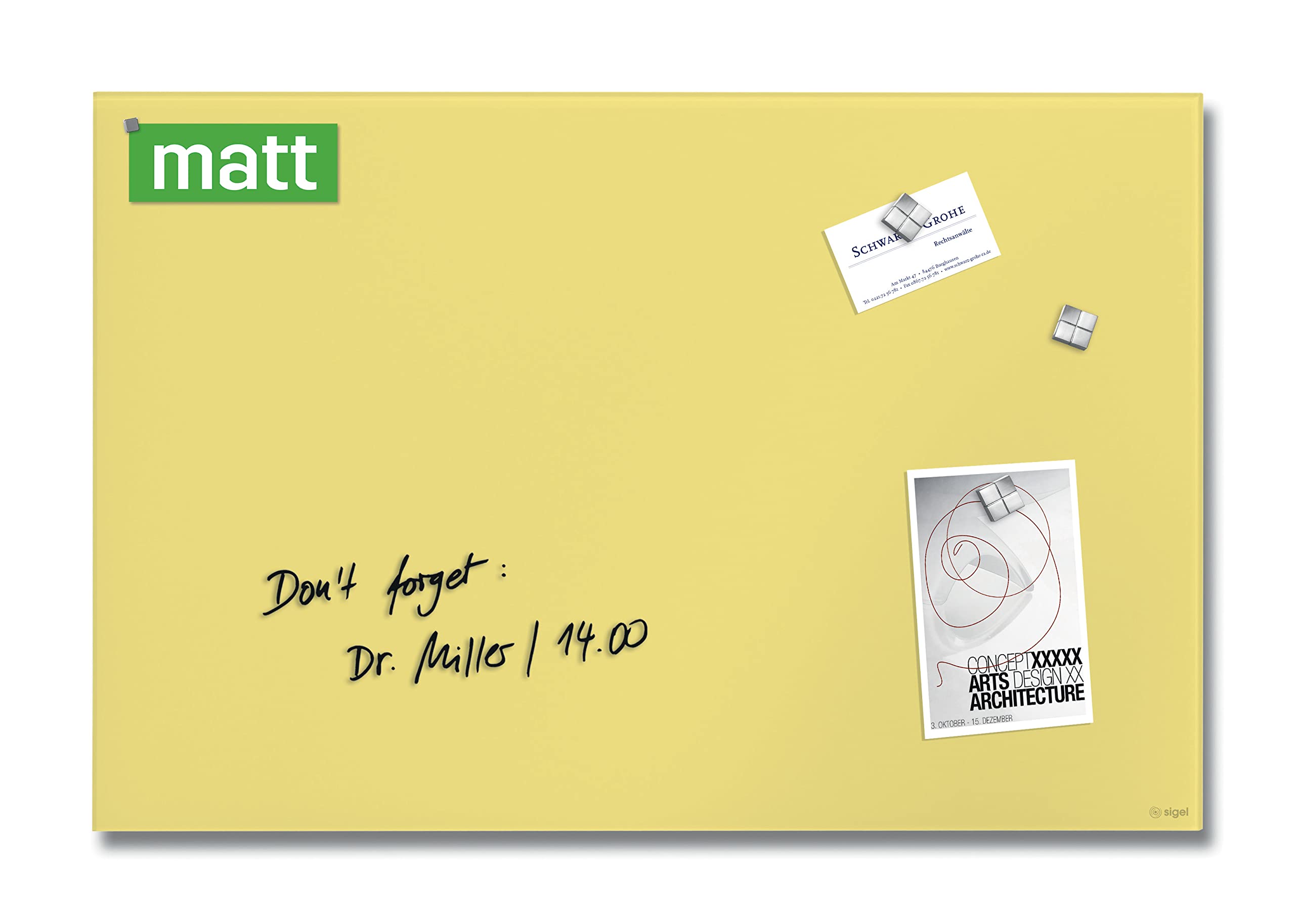 Wall Mounted Magnetic Glass Board 600x400x15mm - Matt Pastel Yellow