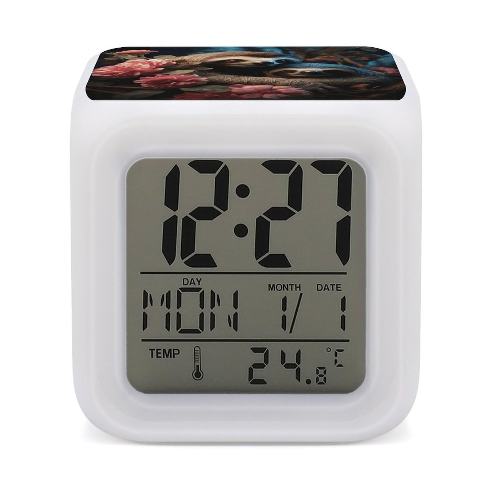 7 Color Ambient Night Light Cube Battery Operated Sloth with Flower Digital Clock with Snooze Temperature LED Digital Alarm Clocks Dimmable Wake Up Light Portable Mood Lamp for Bedroom Desk Gift