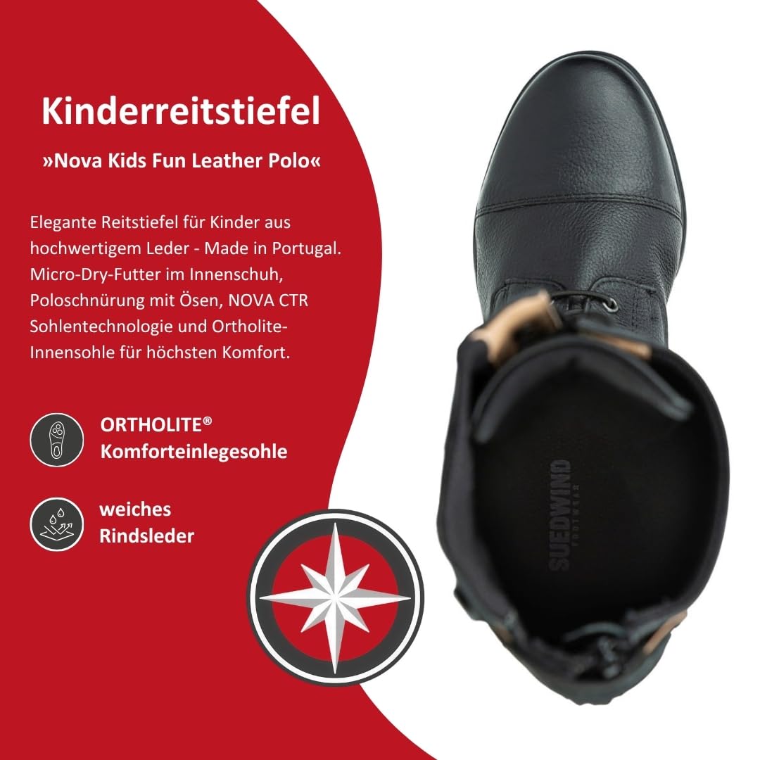 SUEDWIND FOOTWEAR Kinder-Reitstiefel aus Leder Nova Kids Fun Leather Polo – Stiefel zum Reiten – Polo-Schnürung, SBS 8 Reißverschluss & Ortholite-Innensohle – schwarz – Gr. 29-41