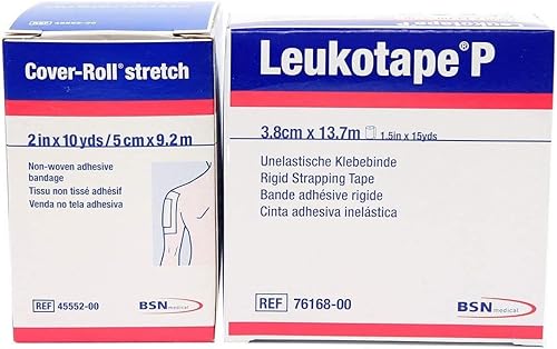 Leukotape P 1.5 pulgadas x 15 yardas y rollo de cubierta elástico 2 pulgadas x 10 yardas (un rollo cada uno)