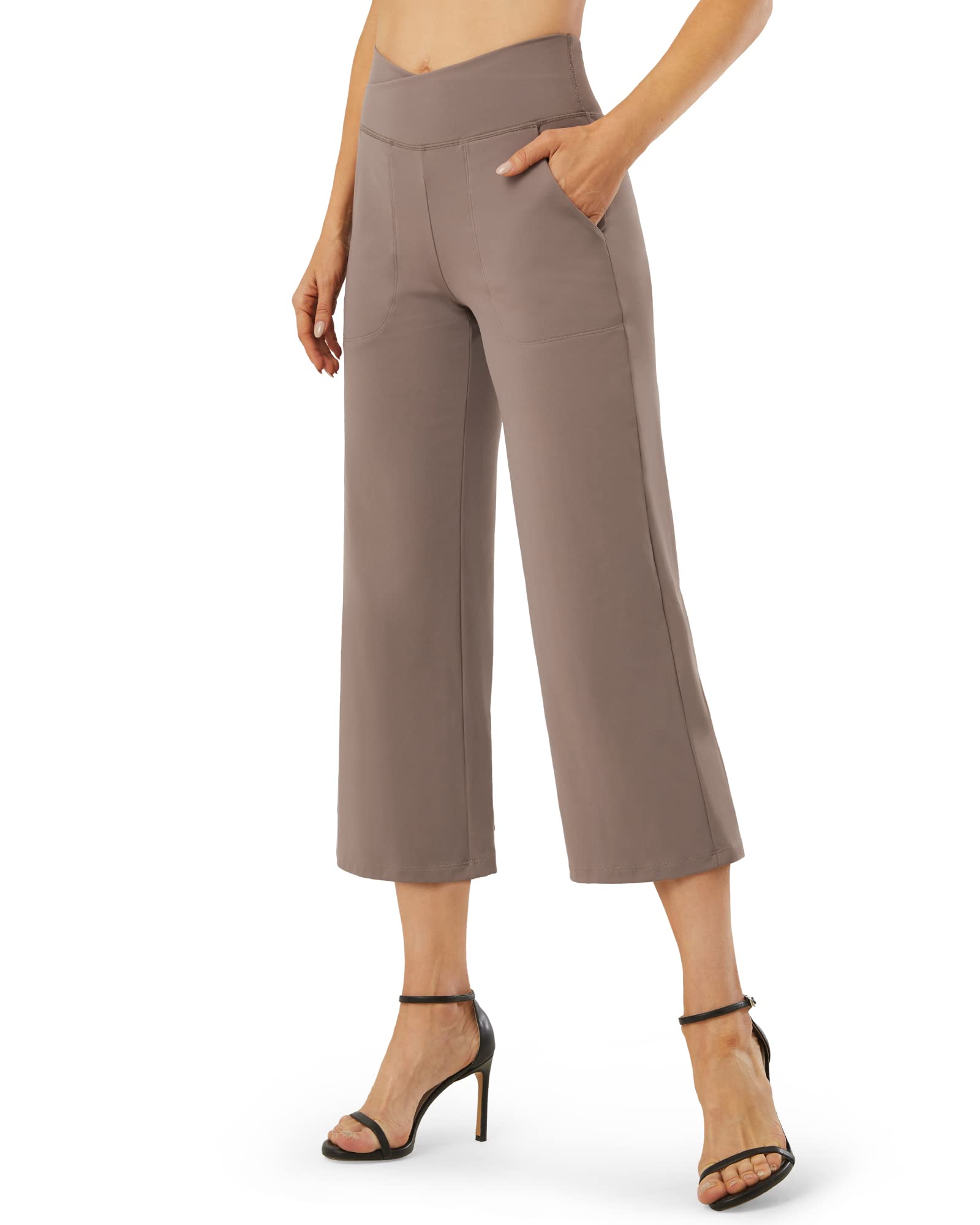 G4Free Wide Leg Capri Pants for Women Yoga Dress Pants with Pockets Workout Crop Pants