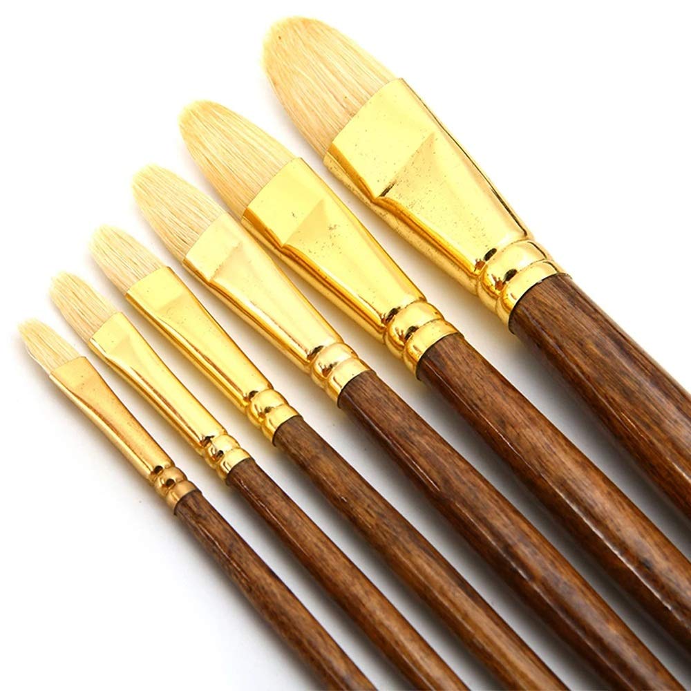 6 unids/Set Pincel de cerdas de Pelo de Cerdo Mango de Madera Pincel para óleo acrílico Pinceles de Dibujo Herramienta de Pintura artística