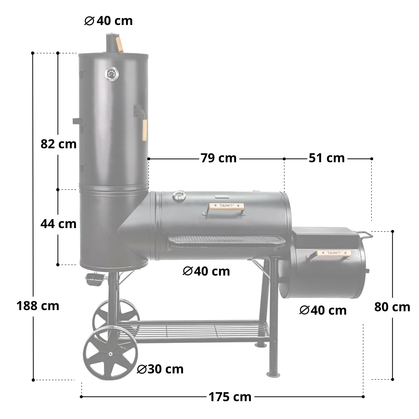 TAINO CHIEF 130 XXL Smoker 130kg BBQ GRILLWAGEN Holzkohle Grillkamin 3,5 mm Stahl PROFI-QUALITÄT Räucherofen (130 kg Smoker)