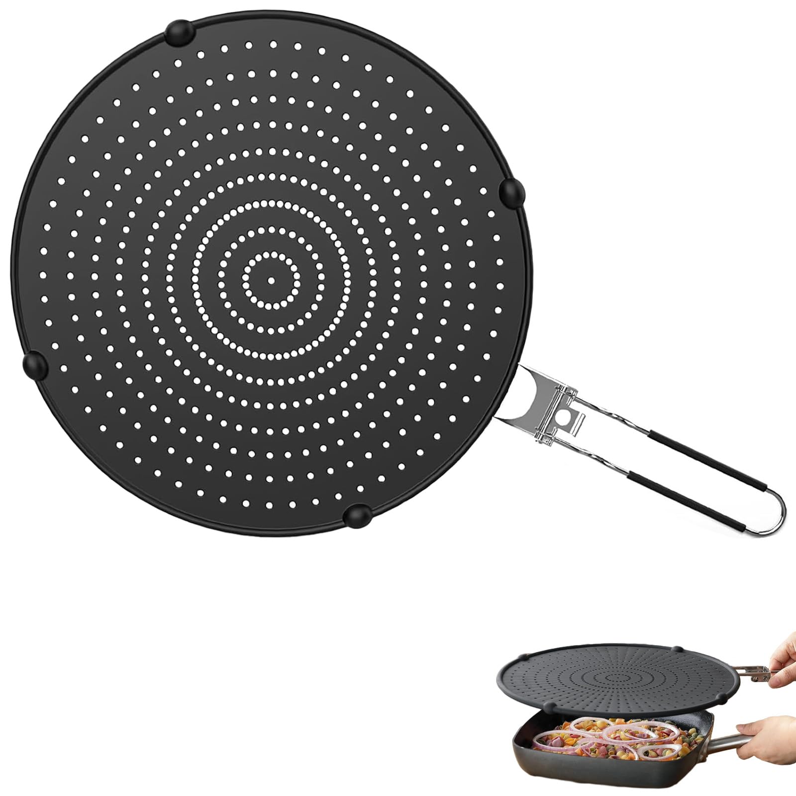 32cm Couvercle Anti Eclaboussure avec Poignée Pliable, Anti-Éclaboussures Cuisine pour Protection Contre Projections, Accessoire Cuisine Silicone Universelle pour Poêle, Friture, Casserole (Noir)