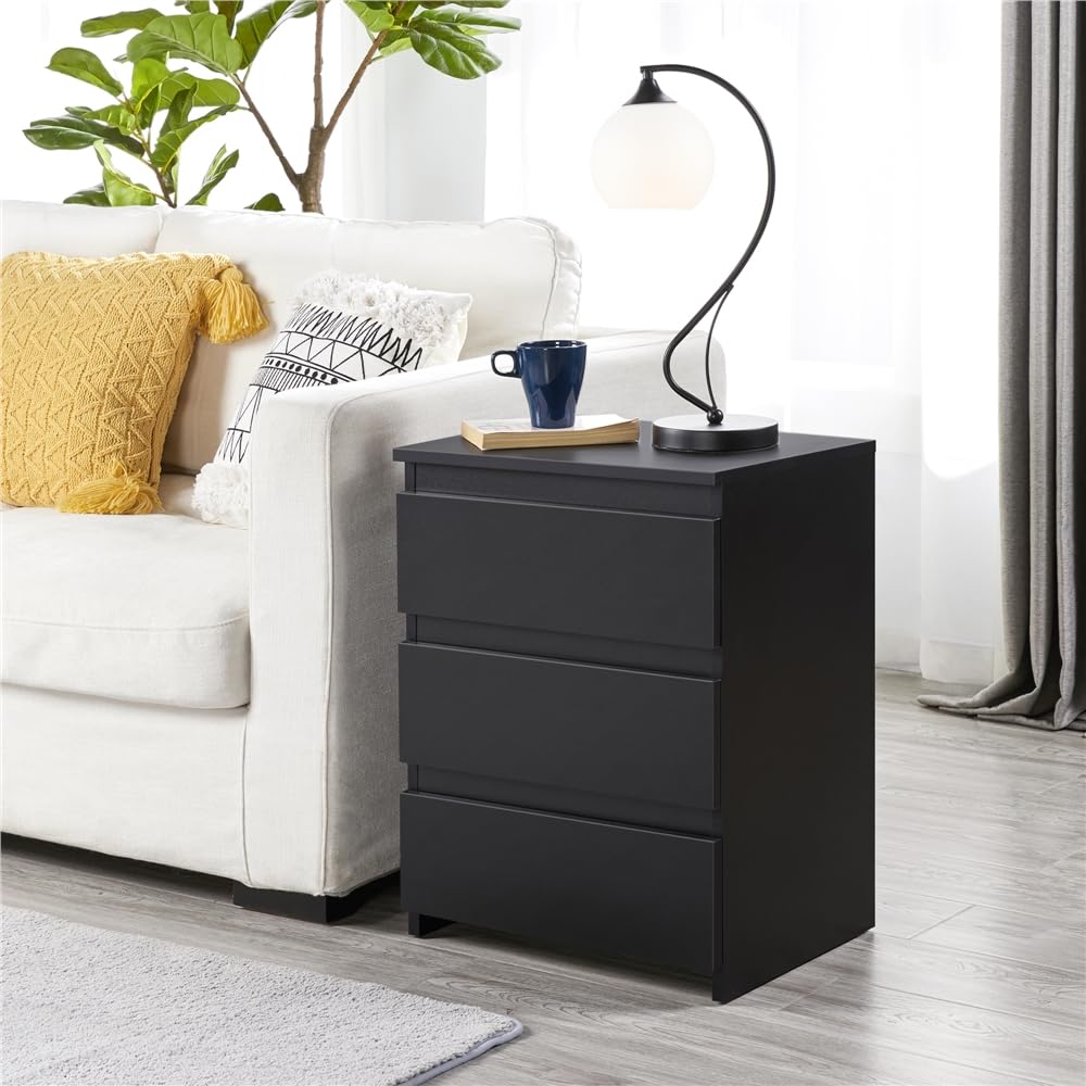 Yaheetech Comodino Camera da Letto Cassettiera Bianco con 3 Cassetti Mobiletto Moderno Tavolino Lato in Legno MDF per Soggiorno 45 x 35 x 60,5 cm Nero