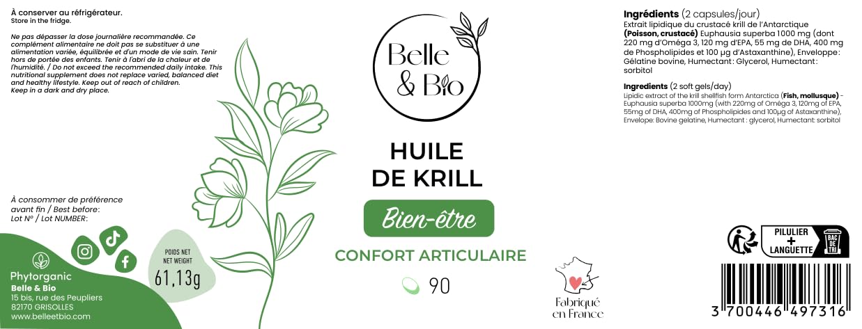 ARTICULATIONS & CONFORT ARTICULAIRE – Huile de Krill 500 mg/Capsule – 90 Capsules – Complément Alimentaire BELLE&BIO – Fabriqué en France