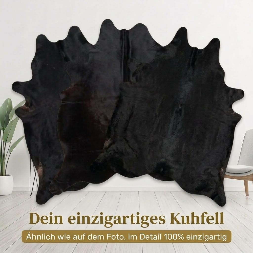 Hide & Haus Tapis en Peau de Vache véritable Noir, Format Grand (220 x 200 cm), avec 4 Dessous de Verre en Peau de Vache