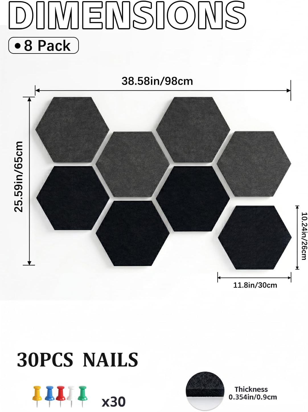 8 Pack Hexagon Felt Bulletin Board Tiles - 11.8" Large Thick Pin Board for Walls with 30 Push Pins, DIY Boards for Office Home School Decor, Aesthetic Hex Cork Board Alternative