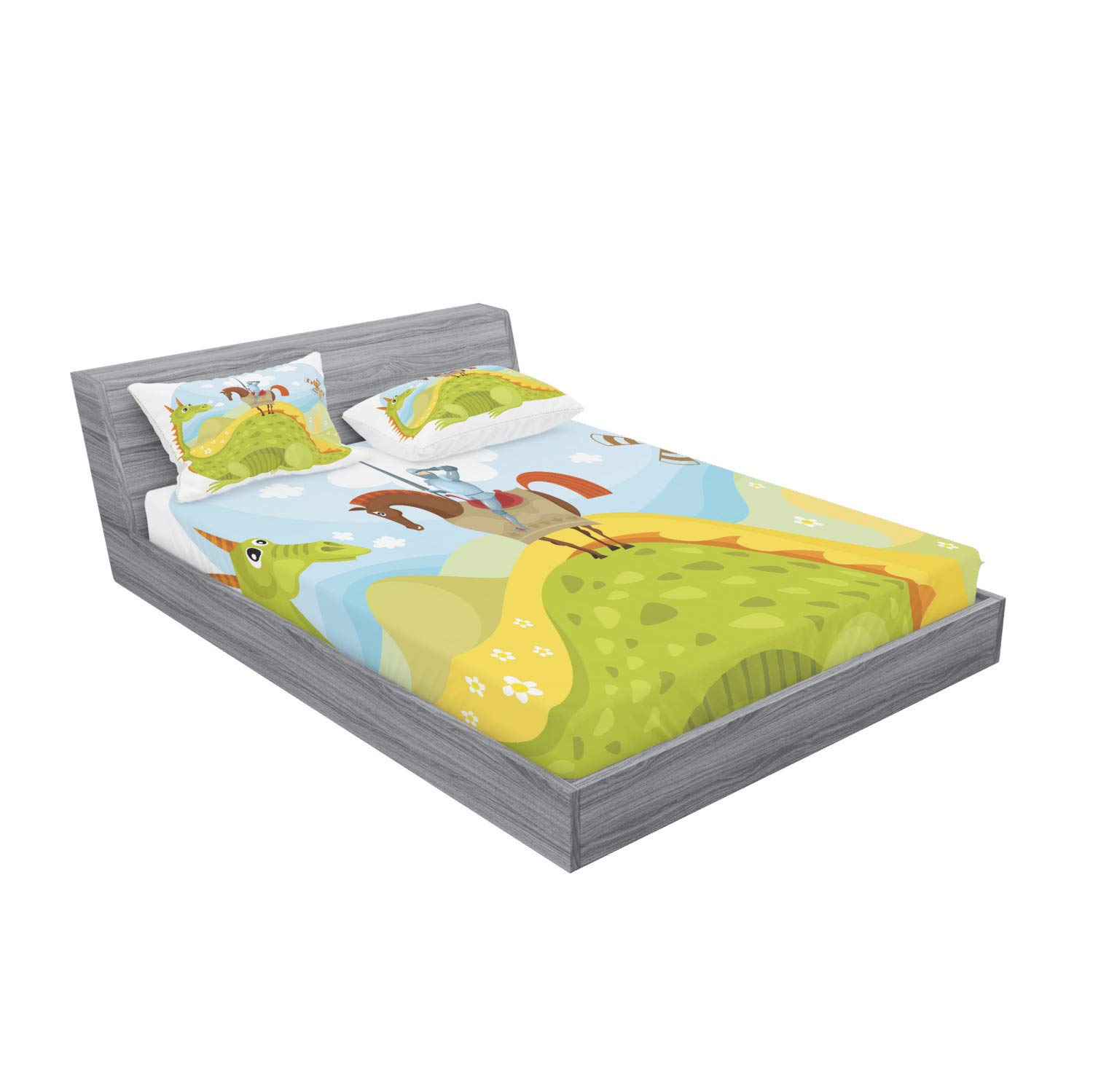 Ambesonne Fantasy Fitted Sheet & Pillow Sham Set, Knight Don Quixote Horse on Dragon Valley Medieval Image, Decorative Printed 3 Piece Bedding Decor Set, Full, Apple Green Sky Blue