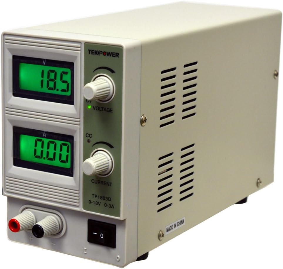 Tekpower TP1803D Lab Grade Variable Linear DC Power Supply, 0-18V @ 0-3A PC, with Alligator Cable and Power Cord,for Labs
