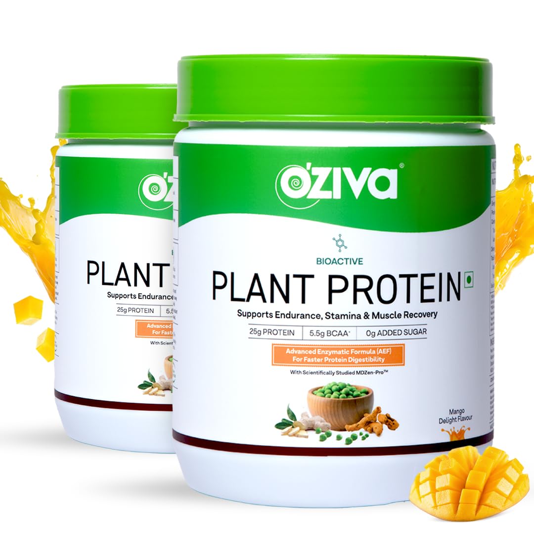 OZiva Bioactive Plant Protein (Mango) | 25g Protein,5.5 BCAA| Pea Isolate| Plant based Protein Powder for Women & Men | Essential Amino Acids| Vegan Protein supplement, Sugar free, 500g (Pack of 2)
