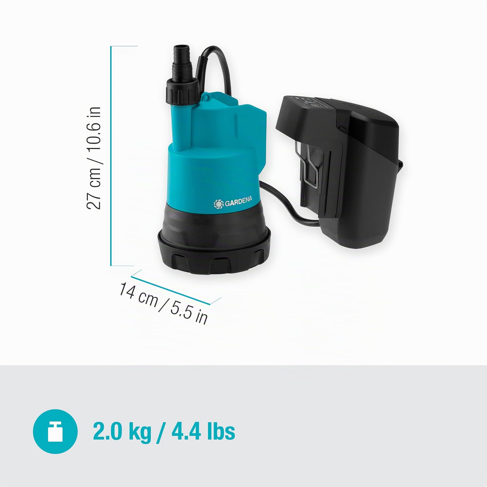 Gardena Bomba sumergible de agua limpia con batería 2000/2 18V P4A Solo: Alto caudal y presión, Niveles de potencia regulables, Filtro integrado, Protección contra el funcionamiento en seco (14600-55)