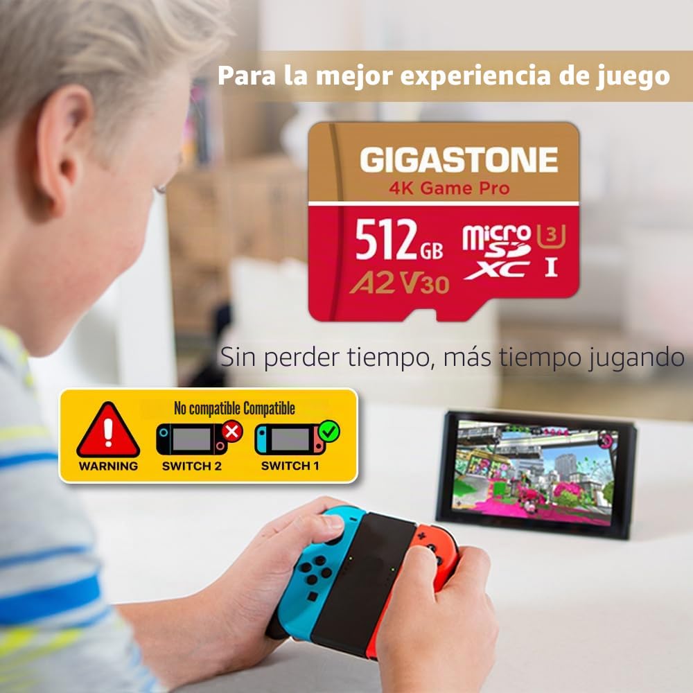 【Solo para Switch 1】 GIGASTONE Tarjeta de Memoria 512 GB, 4K Game Pro, para GoPro Drone Switch 1, Velocidad 150/120 MB/s. Video 4K, A2 U3 V30 con Adaptador SD【5 Años de Recuperación de Datos Gratis】