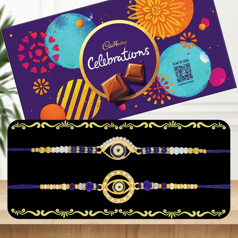 Image of Canton Rakhi Combo Gift Hamper Pack of 2 Rakhi For Brother With Chocolate, Rakhi With Cadbury, Greeting Card & Roli Tilak (Design-8, 2 Rakhi With Celebration)