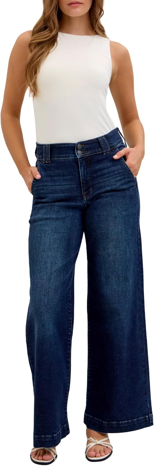 Judy Blue High Waist Dark Wash Wide Leg Trouser Jeans, Short Inseam 31"